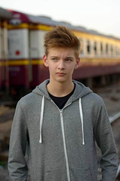 Portrait Young Handsome Teenage Boy Railway Train Station — Fotografia de Stock