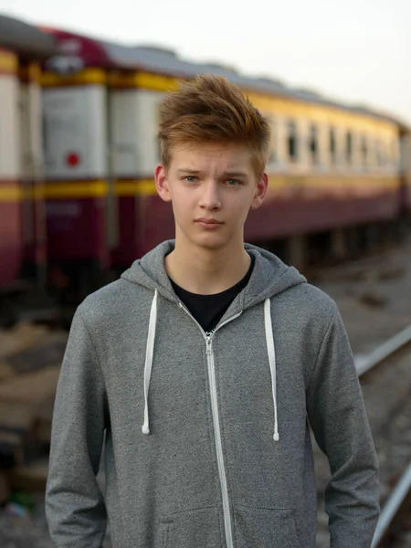 Portrait Young Handsome Teenage Boy Railway Train Station — Fotografia de Stock