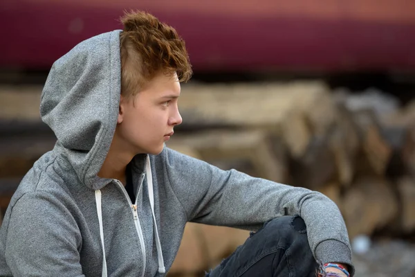 Portrait Young Handsome Teenage Boy Railway Train Station — Stockfoto