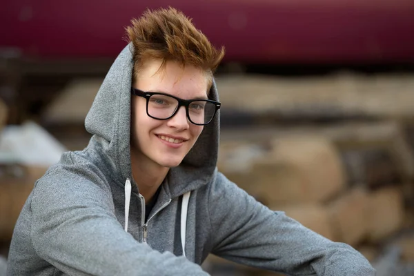 Portrait Young Handsome Teenage Boy Railway Train Station — Stockfoto