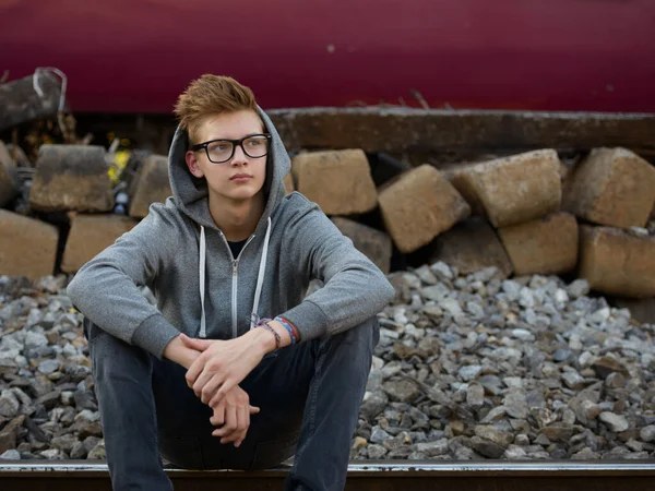 Portrait Young Handsome Teenage Boy Railway Train Station — ストック写真