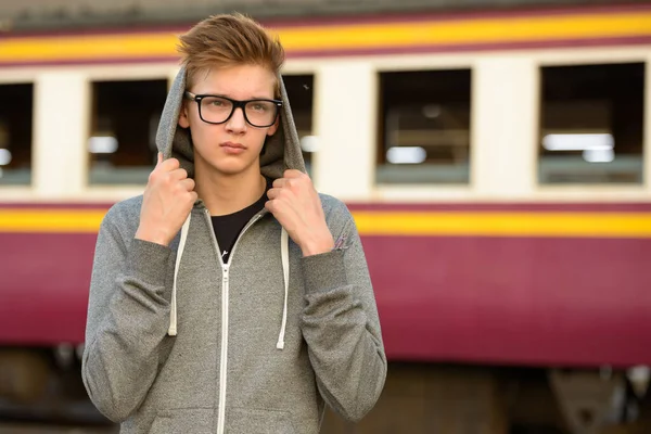 Portrait Young Handsome Teenage Boy Railway Train Station — 스톡 사진