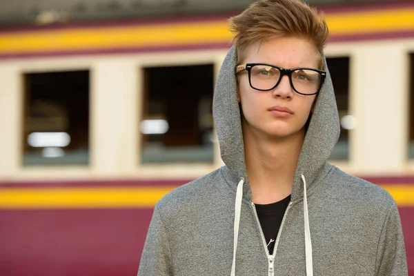 Portrait Young Handsome Teenage Boy Railway Train Station — Zdjęcie stockowe