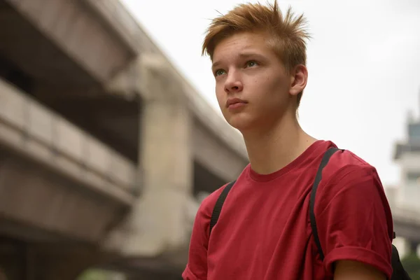 Portrait Young Handsome Teenage Boy City Outdoors — Stockfoto