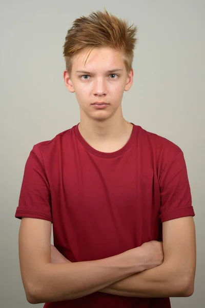 Studio Shot Young Handsome Teenage Boy White Background — Φωτογραφία Αρχείου