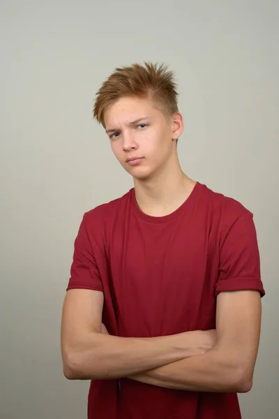 Studio Shot Young Handsome Teenage Boy White Background — Stockfoto