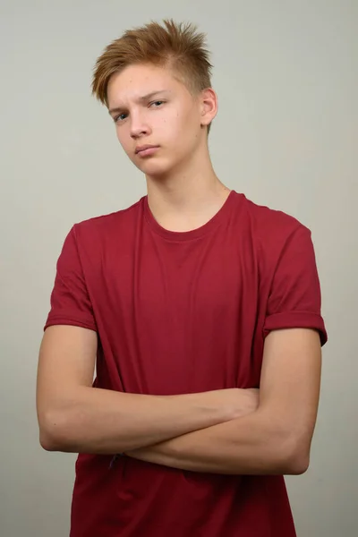 Studio Shot Young Handsome Teenage Boy White Background — Φωτογραφία Αρχείου