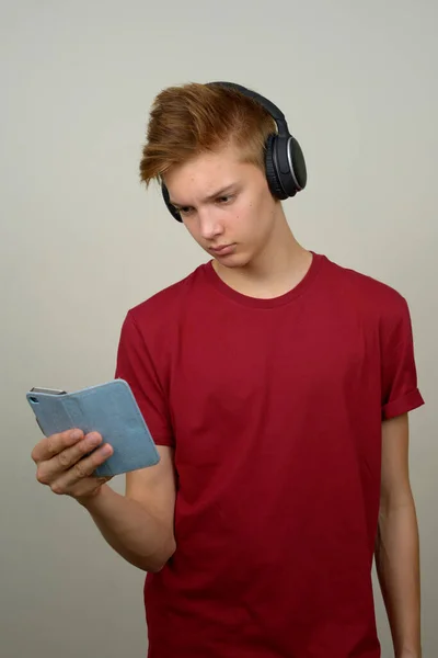 Studio Shot Young Handsome Teenage Boy White Background — стоковое фото