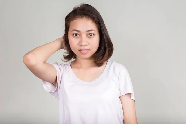 Studio Shot Young Beautiful Asian Teenage Girl Short Hair White —  Fotos de Stock