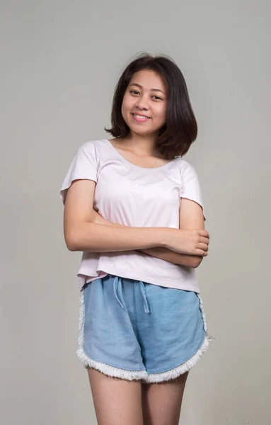 Studio Shot Young Beautiful Asian Teenage Girl Short Hair White —  Fotos de Stock