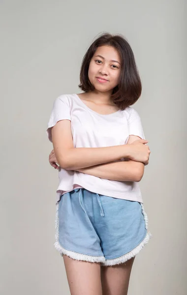 Studio Shot Young Beautiful Asian Teenage Girl Short Hair White — Photo