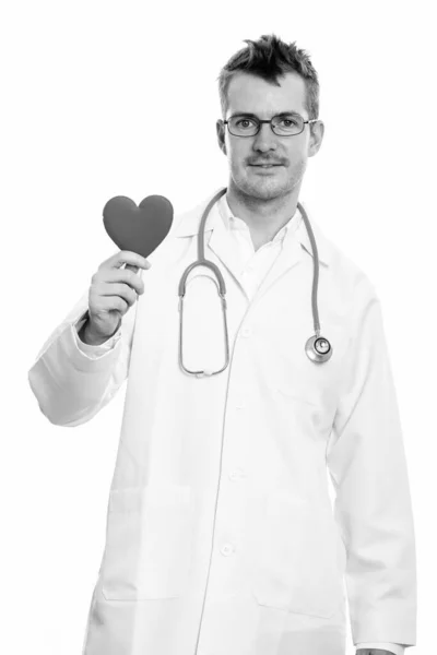 Estúdio Tiro Homem Bonito Médico Com Bigode Isolado Contra Fundo — Fotografia de Stock