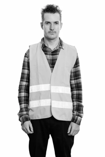Studioaufnahme Eines Gut Aussehenden Mannes Bauarbeiter Isoliert Vor Weißem Hintergrund — Stockfoto