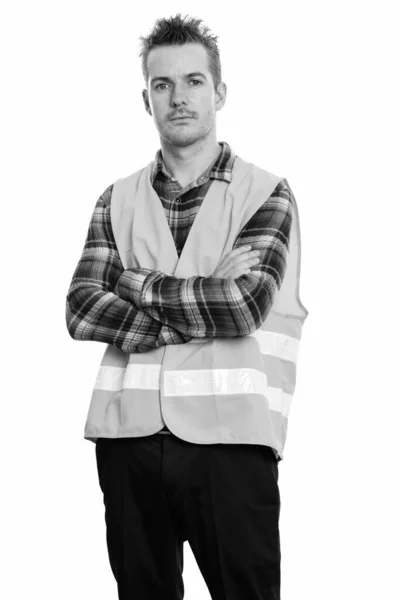 Studioaufnahme Eines Gut Aussehenden Mannes Bauarbeiter Isoliert Vor Weißem Hintergrund — Stockfoto