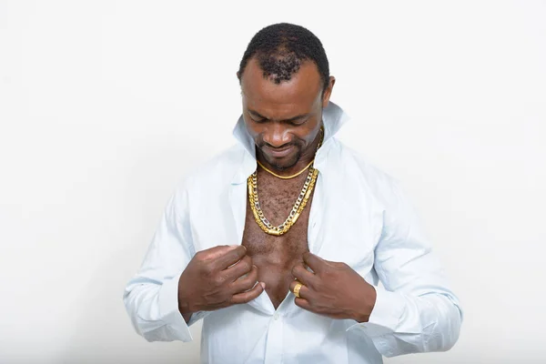 Estudio Toma Guapo Barbudo Africano Hombre Como Gangster Contra Fondo —  Fotos de Stock