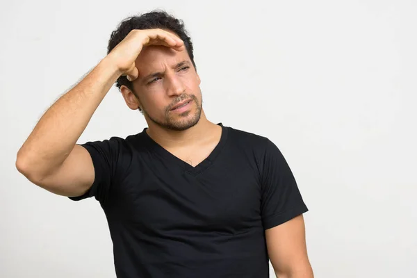 Studio Shot Handsome Bearded Hispanic Man Curly Hair White Background — Stok fotoğraf