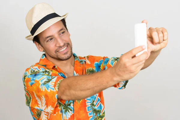 Studio Shot Handsome Bearded Hispanic Tourist Man Curly Hair White — Φωτογραφία Αρχείου