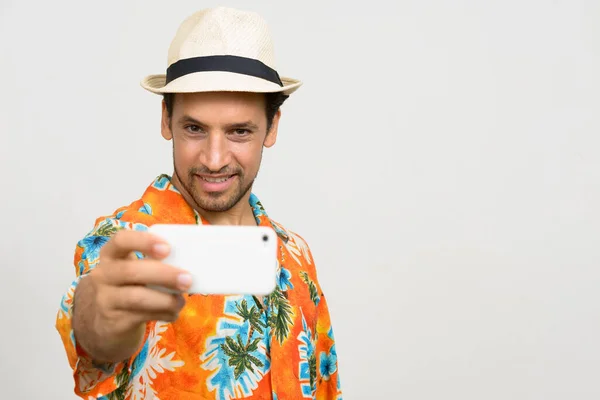 Studio Shot Handsome Bearded Hispanic Tourist Man Curly Hair White — Φωτογραφία Αρχείου