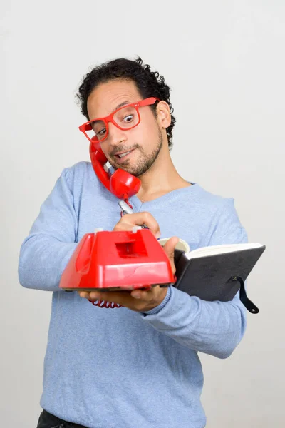 Studio Shot Handsome Bearded Hispanic Man Curly Hair White Background — Stock Fotó