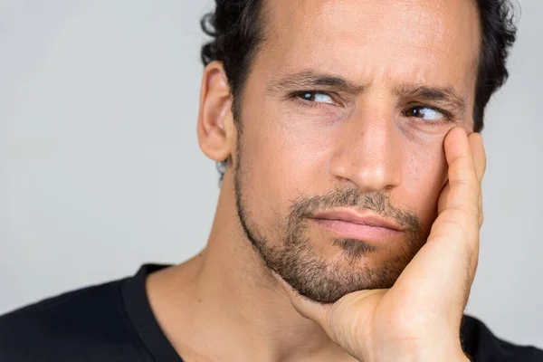 Studio Shot Handsome Bearded Hispanic Man Curly Hair White Background — Φωτογραφία Αρχείου