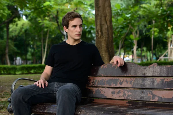 Portrait Young Handsome Man Relaxing Park Outdoors — 图库照片