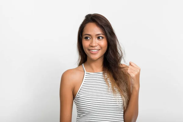 Studio Shot Young Beautiful Asian Woman Brown Hair White Background — Stock fotografie