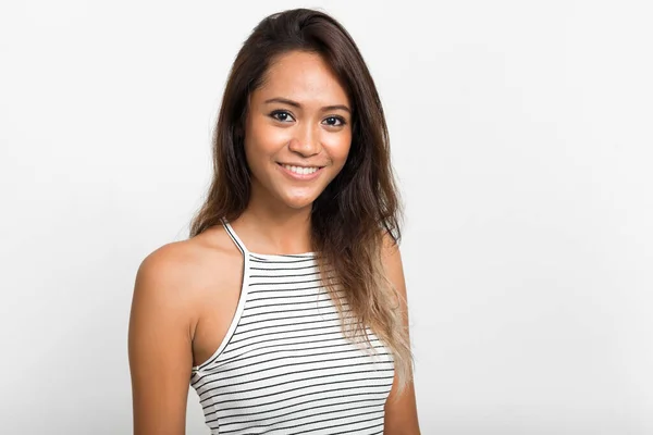 Studio Shot Young Beautiful Asian Woman Brown Hair White Background — Stockfoto