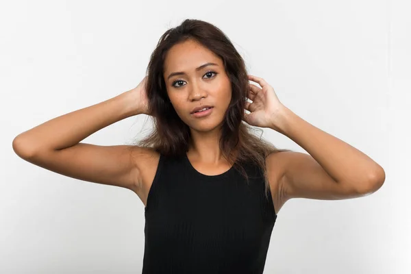 Studio Shot Young Beautiful Asian Woman Brown Hair White Background — Stock Fotó