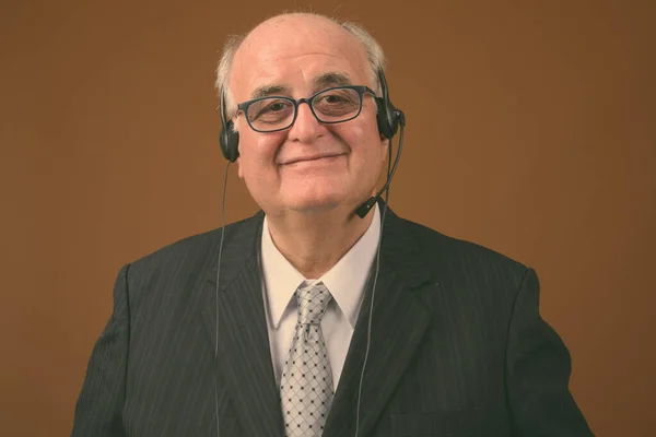 Studio Shot Overweight Senior Businessman Wearing Eyeglasses Brown Background — Stock Photo, Image