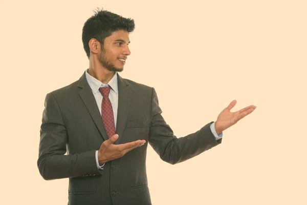 Studio Shot Young Handsome Bearded Indian Businessman Suit Isolated White — Stock Photo, Image