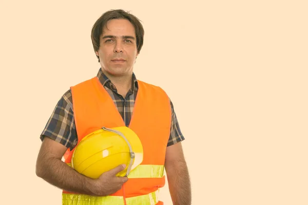 Studio Shot Young Handsome Persian Man Construction Worker — Stockfoto