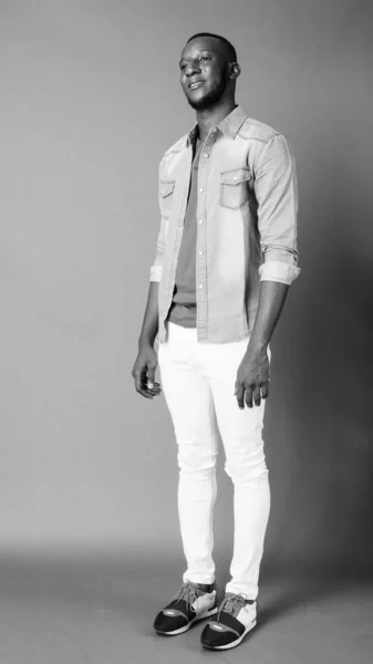 Studio Shot Young Handsome Bearded African Man Short Hair Gray — Stockfoto