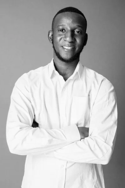 Studio Shot Young Handsome Bearded African Man Short Hair Gray — Stock Photo, Image