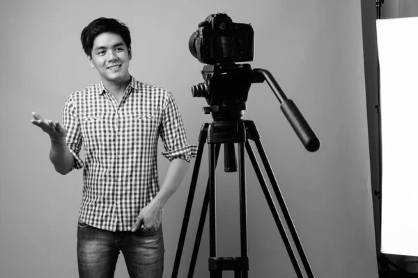 Studio Shot Young Handsome Filipino Man Gray Background Black White — Stock Fotó