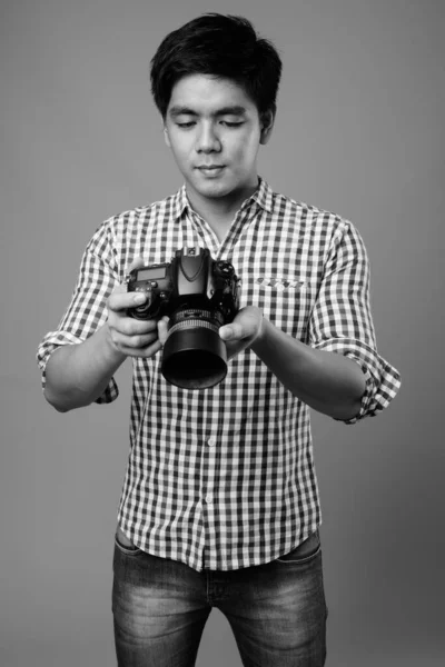 Studio Shot Young Handsome Filipino Man Gray Background Black White — Stockfoto