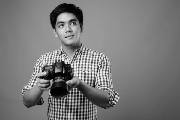 Studio Shot Young Handsome Filipino Man Gray Background Black White — Stock Fotó