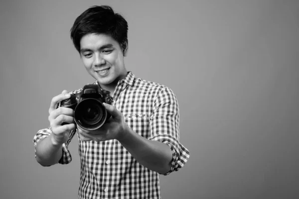 Studio Shot Young Handsome Filipino Man Gray Background Black White — Stock Fotó