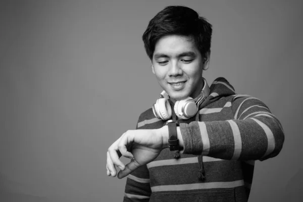 Studio Shot Young Handsome Filipino Man Gray Background Black White — Photo
