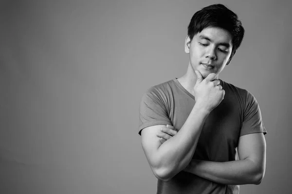 Studio Shot Young Handsome Filipino Man Gray Background Black White — Stock Fotó