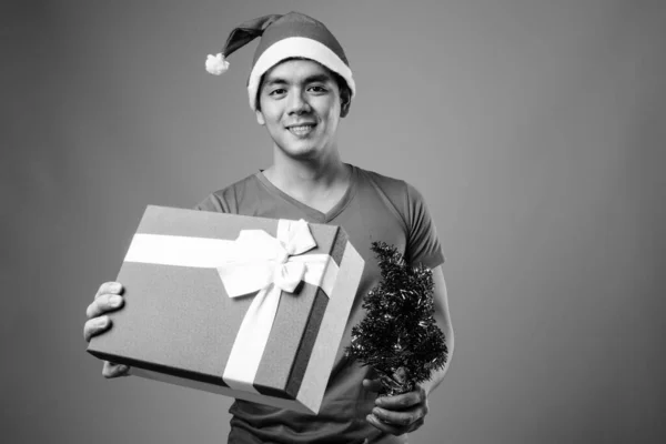 Studio Shot Young Handsome Filipino Man Ready Christmas Gray Background — 스톡 사진