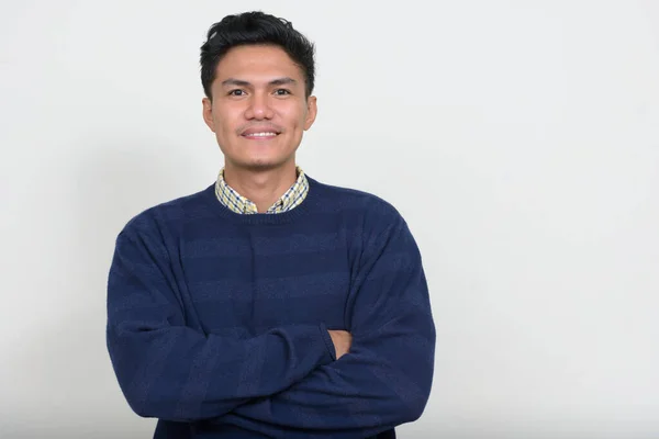 Studio Shot Handsome Filipino Man Ready Winter White Background — 图库照片