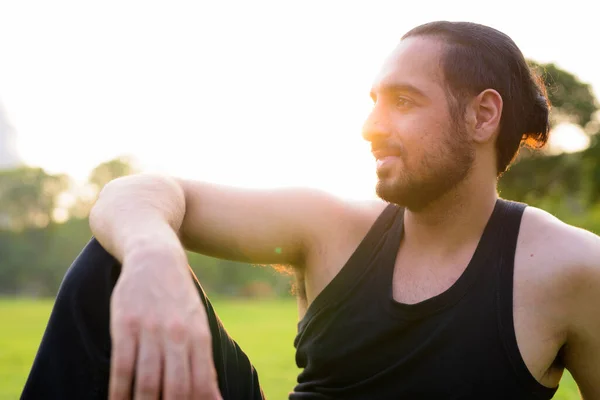 Portrait Young Handsome Bearded Indian Man Relaxing Park — Photo