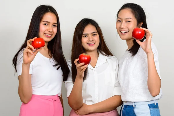 Studio Shot Three Young Beautiful Asian Women Friends Together White — Stockfoto