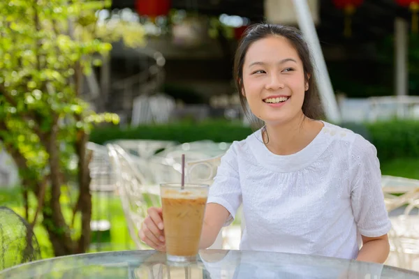 Portrait Young Beautiful Asian Woman Relaxing Coffee Shop Nature Outdoors —  Fotos de Stock