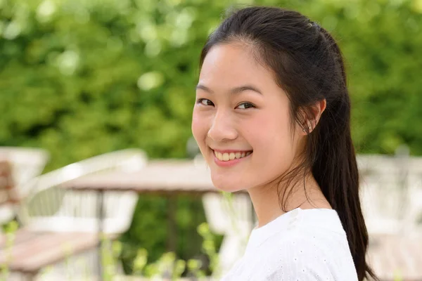 Portrait Young Beautiful Asian Woman Relaxing Coffee Shop Nature Outdoors — 图库照片