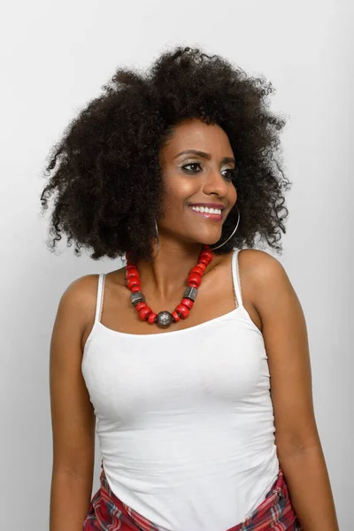 小工作室射击年轻美丽的非洲妇女与非洲头发在白色背景 — 图库照片