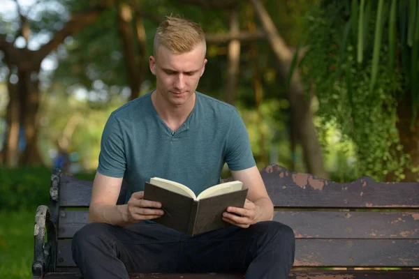 Portrait Young Man Blond Hair Park Outdoors — Stock Photo, Image