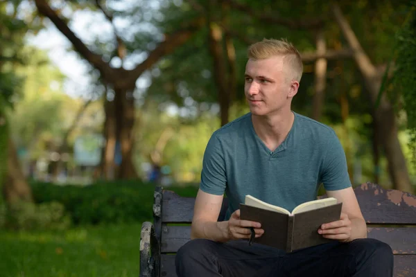 Portrait Young Man Blond Hair Park Outdoors — Stock Photo, Image