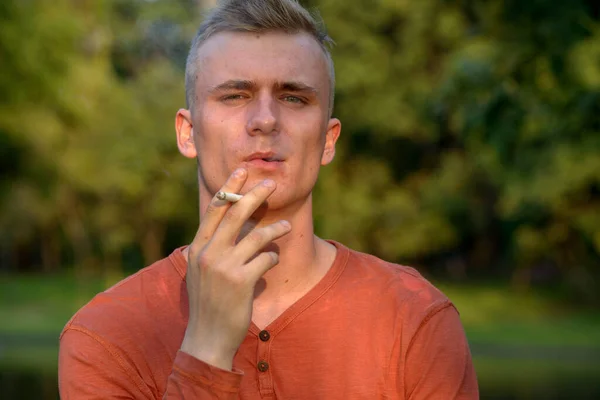 Portrait Young Man Blond Hair Park Outdoors — Stock Photo, Image