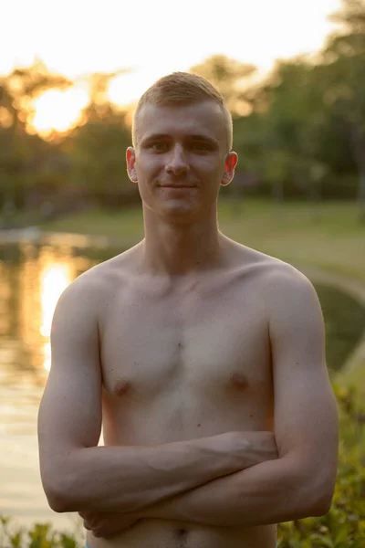 Portrait Young Man Blond Hair Shirtless Park Outdoors — Stock Photo, Image